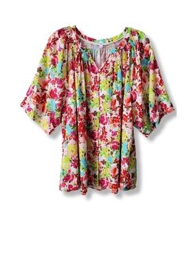 Westbound Colorful Floral Button Peasant Blouse 2X Artsy Casual Relaxed Plus